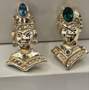 Vtg Jeweled Woman Estate Man Indian Faux Pearl Rhinestone Pin brooch Asian